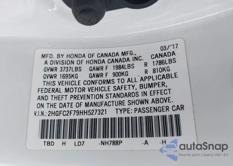 2017 Honda Civic Ex z USA, uszkodzony, nr VIN 2HGFC2F79HH527321